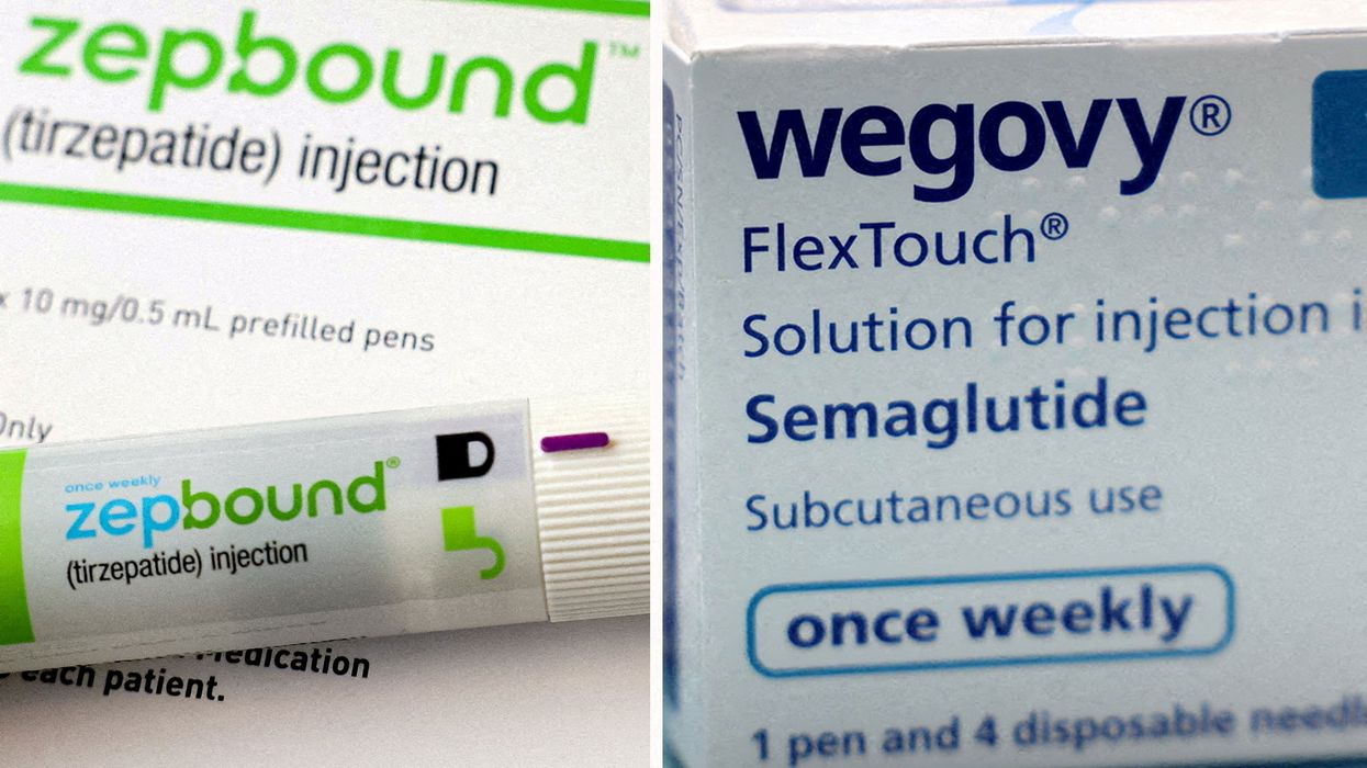 A combination image shows an injection pen of Zepbound, Eli Lilly's weight loss drug, and boxes of Wegovy, made by Novo Nordisk;WHO obesity report