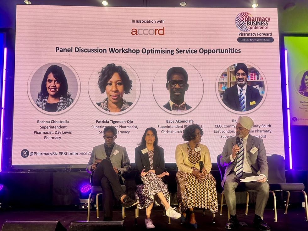 Baba Akomolafe, Rachna Chhatralia, Patricia Tigenoah-Ojo, and Raj Matharu at 2025 Pharmacy Conference panel