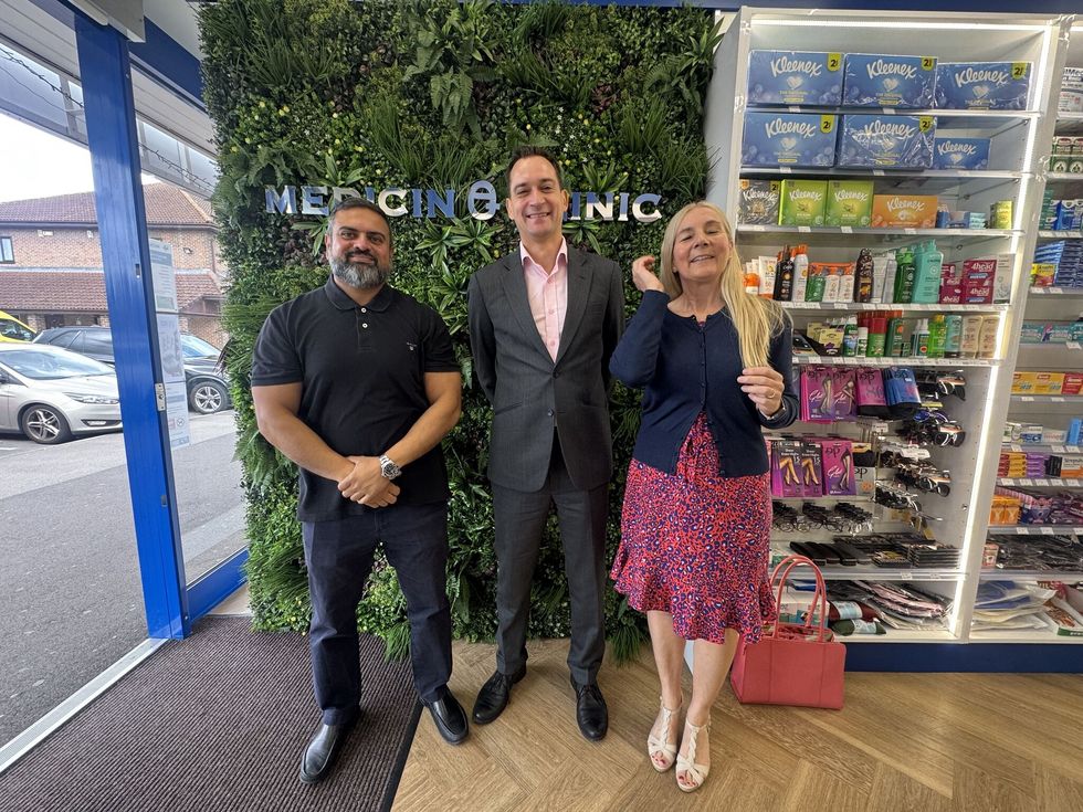 Henry Gregg visits Mitesh Patel at Medicine Clinic Ltd with NPA\u2019s Alison Bonfield.