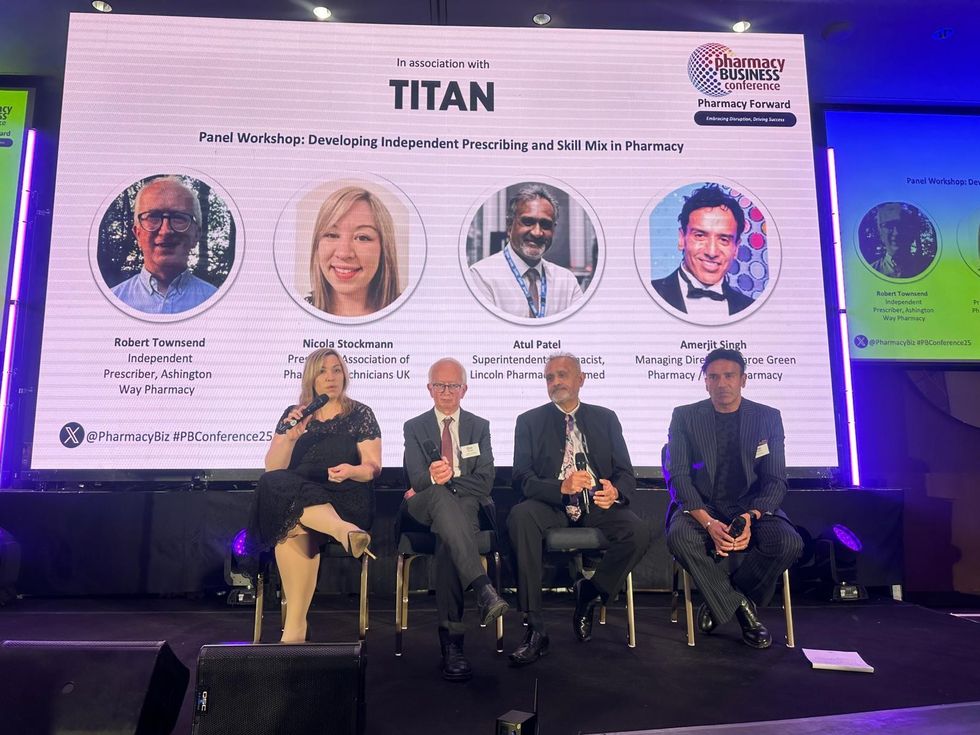 Nicola Stockmann, Robert Townsend, Atul Patel, and Amerjit Singh discussing skill mix at 2025 Pharmacy Conference