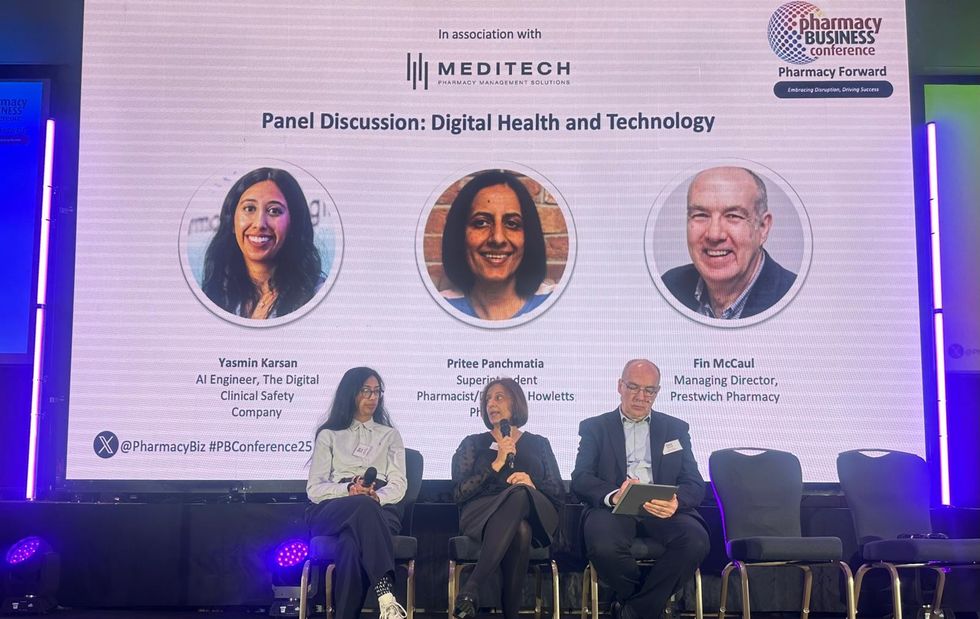 Yasmin Karsan, Pritee Panchmatia, and Fin McCaul discussing digital health at 2025 Pharmacy Conference